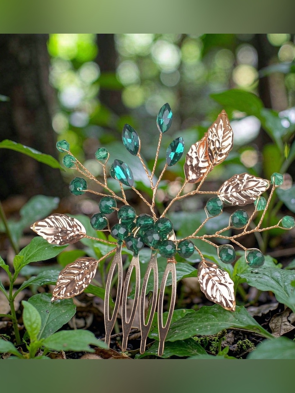 Gold Leaf & Emerald Crystal Bridal Hair Comb